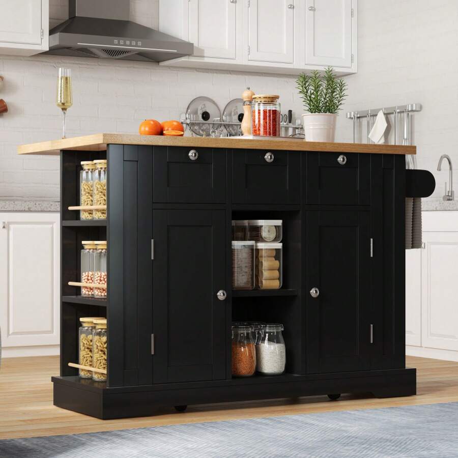 132cm Mobile Kitchen Table, Country Style, Folding Worktop, Multifunctional Cabinet, Drawer, Spice Rack, Towel Holder, 5 Rolls, Integrated Socket, Kitchen/Dining Room/Home - Natural+Black + MDF + Kitchen - View 1