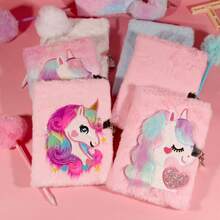 1/2 件粉色毛绒 A5 可锁日历笔记本，软封面梦幻日历簿，学校用品日记本（含圆珠笔），学校用品，返校 - 彩色 - 查看 12