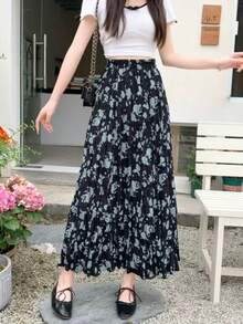 Woven Maxi Skirt, Bohemian Style, A-Line Silhouette, Ruffle Hem, Printed Pattern Vacation - Black - View 3