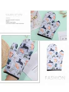 2pcs Oven Gloves, High Temperature Resistant Kitchen Baking Oven Gloves With Cute Cat Print - Thick, Heat-Resistant, Made Of Polyester, With Straps, Perfect For Cooking, BBQ And Microwave Use - Blue And White, Hand Wash Only - Multicolor - View 5