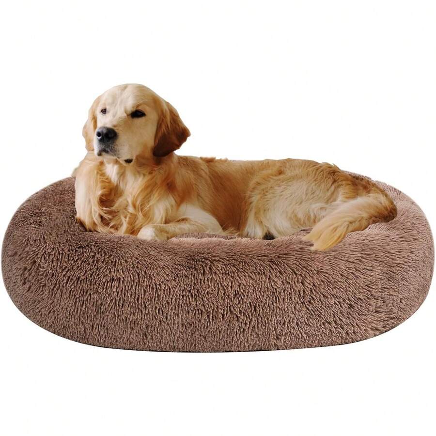 Oval Calming Donut Cuddler Dog Bed, Shag Faux Fur Washable Round Pillow Pet Bed For Small Medium Dogs (XXL(43"X34"X8"), Light Brown), Popular In 2025 - Lạc đà - Xem 1