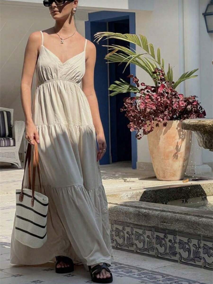 Casual Long Dress With Thin Straps And Discreet Neckline - 米色 - 查看 1