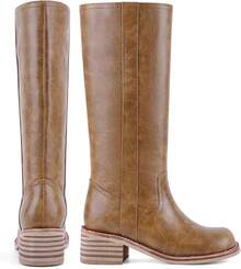 Women's Knee High Chunky Block Heel Square Toe Low Heel Boots, Style - Brown-a - View 4