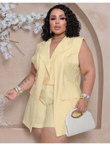 Women's Premium Plus Size Double Vest And Short Set - Màu vàng - Xem 1