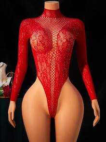 Women's Sexy Lingerie Fishnet Hollow Out High-Neck Red Bodycon Bodysuit Backless Stretchy Bodystocking With Rhinestone Intimate Wear Fishnet Bikini - Red - View 1