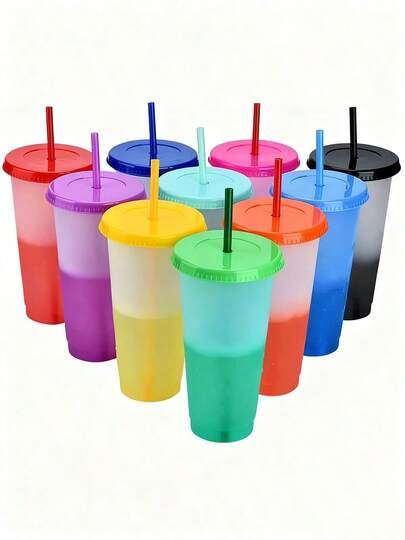 AIPMJOY Vasos De Color Que Cambian 710ml Con Tapa Y Popote 10 Piezas