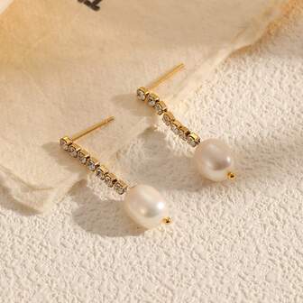 2pcs Fashion Luxury Zirconia Freshwater Pearl Pendant Earrings, Stainless Steel 18k Women's Jewelry, Suitable For Daily, Party, Gorgeous Ball Wear