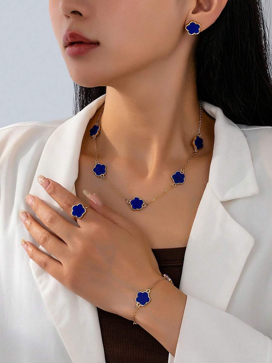 5pcs Fashionable & Elegant Metal Lucky Blue Clover Flower Bracelet, Necklace, Earrings, Ring, Jewelry Set, Versatile Fashion Accessories Set For Women