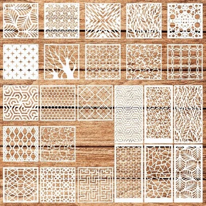 WSICSE 24Pcs Stencils For Painting, Reusable Geometric Painting Stencils Abstract Layering Stencil For Painting On Wood Canvas Furniture Floor Decor DIY Supplies, White