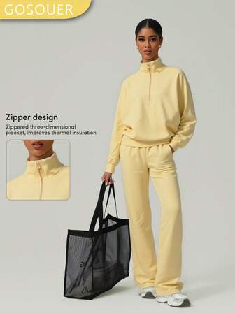 GOSOUER 2 件套运动服女士时尚半拉链立领超大休闲长袖运动衫套头衫和松紧带宽松直筒运动裤