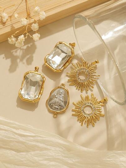 1pc/Pack 304 Stainless Steel Rhinestone Geometric Square Zirconia Hollow Sun Buddha Statue Welding Ring Accessory