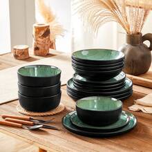 vancasso Ce service de table en céramique de 16 pièces présente un motif émaillé mat cuit au four, disponible en cinq couleurs. Il comprend quatre assiettes plates, quatre assiettes à dessert, quatre assiettes creuses et quatre bols pour quatre personnes. - Vert - Voir 2