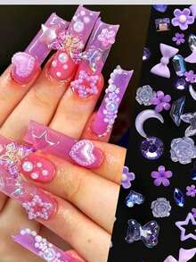 500-600 قطعة) 50 جرام/عبوة) زينة فن الأظافر ثلاثية الأبعاد متعددة الألوان، أشكال متنوعة تشمل القلوب والزهور والفيونكات، مصنوعة من مادة الراتنج، قاع مسطح، ديكور من الراين ستون، مناسبة لفن الأظافر DIY والحرف اليدوية وصناعة المجوهرات