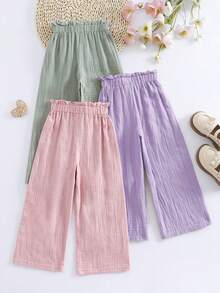 3pcs Girls Casual Straight Leg Cotton Pants, Elastic Waist, Suitable For Spring, Summer, Autumn - Multicolor - View 2