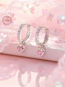 Artepollo 1pc 925 Sterling Silver Low Allergy Heart Hoop Earrings, Inlaid With Pink Zirconia, Sweet & Exquisite, Gift Box Packaging, Elegant & Refined, Suitable For Daily Or Holiday Wear, Gift For Girls, Friends, Back To School, Christmas - one-size - View 12
