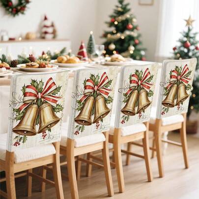 2/4/6 件复古圣诞铃铛插图双面印花椅套，可拆卸可洗，简洁舒适的椅背套，创意装饰椅套，适用于餐厅和客厅的节日装饰