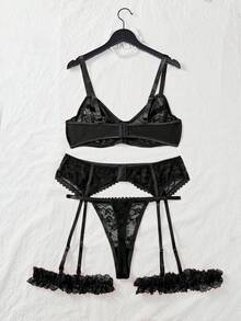 weiweihu Five-Piece Women's Large-Sized Lace Sexy And Erotic Lingerie, Thong, Garter, Leg Band, Steel  Sexy Lingerie  Ring, Lace Patchwork, Cutout And Transparent, The Ultimate Temptation - 黑色+酒紅色 - 查看 3