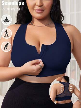 1pc Plus Size Women Front Zipper Hollow Breathable Sports Bra, Seamless Comfortable Sexy Female Sportswear Bra