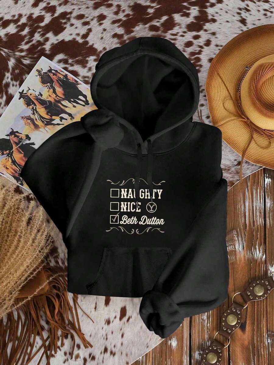 Sweat-shirt femme sport Beth Dutton "Naughty Nice", top ample à épaules dégagées, top sport oversize galbé, épais tissu d'hiver, sous-couche femme avec capuche à cordon, top sport ample décontracté, tenue multifonctionnelle pour la rue et les activités extérieures par temps froid, Top manches longues pour femme, vêtement de sport femme - Noir - Voir 1