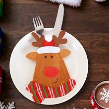 Bolsillos para cubiertos navideños, bolsas para cubiertos con diseño de Papá Noel, muñeco de nieve y reno, para cuchara, tenedor y cuchillo, suministros de decoración para la mesa de la cena navideña, fiestas, bufés y reuniones familiares. - Caqui - Ver 4