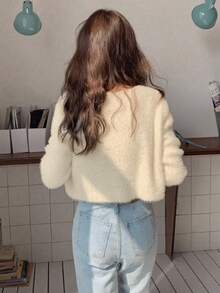 女士针织休闲百搭蓬松短款纯色细肩带开衫 - 杏色 - 查看 2