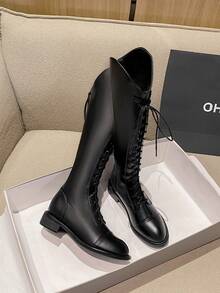 2025年高品质热销秋季新款粗跟高筒靴，百搭时尚及膝靴，低跟尖头优雅简约过膝靴，女士 - 黑色 - 查看 2