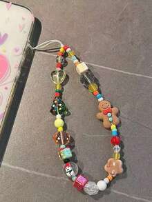 圣诞卡通姜饼人手机挂绳链，可爱串珠 DIY 相机带饰物