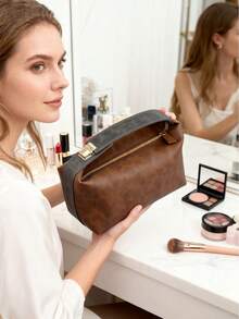 Crazy Horse Pu Leather Vintage Retro Makeup Bag Large Capacity Leather Cosmetic Case Travel Organizer With Zipper, Vintage Style | Waterproof Toiletry Pouch For Women Girls, Luxury Gift For Women Halloween Christmas Holiday Gifts Teacher Gifts