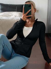 Livesso Women's Regular Fit Casual Sport Zip-Up Bomber Jacket, Spring,Fall Women Clothes - Black - View 3