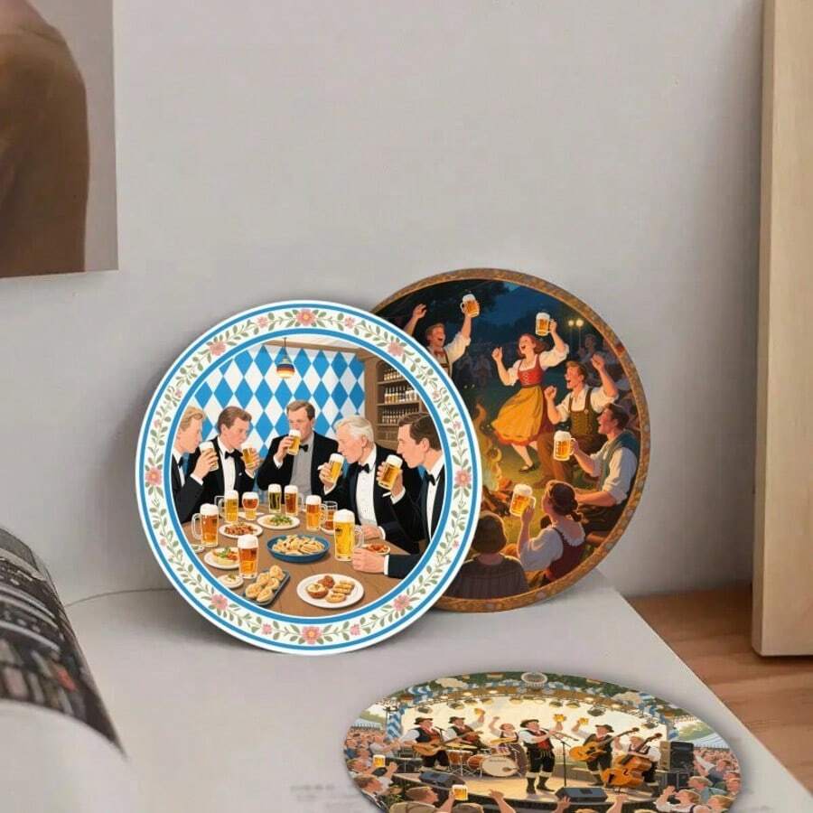 Juego de 6 posavasos de madera con escena de barril de cerveza de la Oktoberfest de Múnich - 10x10cm, excelentes decoraciones para el hogar y la oficina, regalos creativos de Oktoberfest, decoraciones de cocina, accesorios de cocina, elige entre 1 juego o 31 juegos