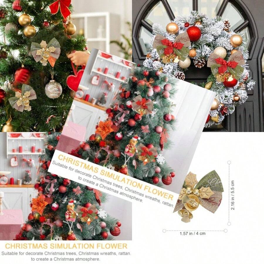 20 Pcs Christmas Bowknot Hanging Ornament Mini Bow With Bells Decorations For Christmas Tree Wreath Garland Crafting Decor 2.36X1.38inch