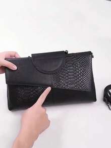 Luxury PU Leather Crossbody Bag, Fashionable Versatile Women's Handbag, Personalized Chic Crocodile Pattern Clutch - Black - View 7