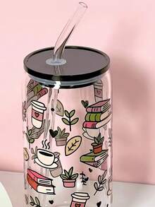 500ml/16.91oz Knowledge Ocean Glass Straw Cup, Large Capacity Straw Tumbler For Coffee, Matcha And Other Beverages