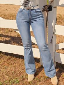 Women's High Waist Flare Jeans With Stitched Pocket Detail, Washed Light Blue Denim For Western & Casual Wear - Màu xanh lam vừa phải - Xem 3