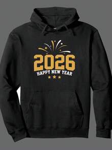Men'S 2026 New Year'S Eve Hooded Sweatshirt - Heavyweight 300gsm Black Pullover With Golden & White Fireworks & Happy New Year Print, Front Pocket, Adjustable Drawstring Hood, Casual Winter Sweater For NYE Parties & Celebrations, Regular Fit Long Sl,Fall Hoodies,Men's Fall Clothes,Street Wear,Halloween,Mens Hoodies,Y2k Clothes,Jesus Hoodie,Thanksgiving Day,Nightmare Before Christmas,Christmas - màu đen - Xem 1