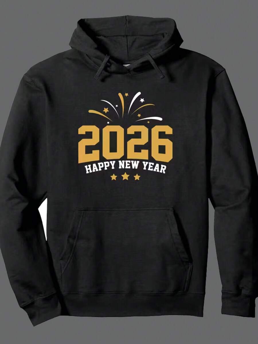 Men'S 2026 New Year'S Eve Hooded Sweatshirt - Heavyweight 300gsm Black Pullover With Golden & White Fireworks & Happy New Year Print, Front Pocket, Adjustable Drawstring Hood, Casual Winter Sweater For NYE Parties & Celebrations, Regular Fit Long Sl,Fall Hoodies,Men's Fall Clothes,Street Wear,Halloween,Mens Hoodies,Y2k Clothes,Jesus Hoodie,Thanksgiving Day,Nightmare Before Christmas,Christmas - màu đen - Xem 1