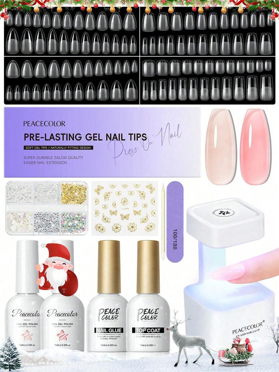 peacecolor 11 piezas Juego de puntas de uñas - 240 piezas Puntas de uñas postizas de cobertura completa - Puntas de uñas mates y transparentes, Puntas de extensión de uñas falsas cuadradas y almendradas cortas, Esmalte de gel translúcido de color rosa nude de 10 ml, Mini lámpara UV/LED, Top Coat de 10 ml, Pegamento para uñas, Herramientas y suministros para uñas para diseño de salón DIY, regalo de Navidad para mujeres