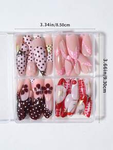 96pcs/Box (4mixed) Almond Flower Polka Dot Cherry French Design Tips Press On Nails Perfect Fit Acrylic False Nails Set,Include: 1pc Jelly Glue And 1pc Nail File,Nails In Autumn And Winter, Suitable For Women And Girls Daily Life And Party Use