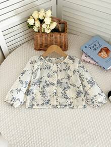 Humor Bear 2件套女童时尚提花雪纺轻薄长袖上衣和阔腿裤套装，秋季 - 藍色 - 查看 3