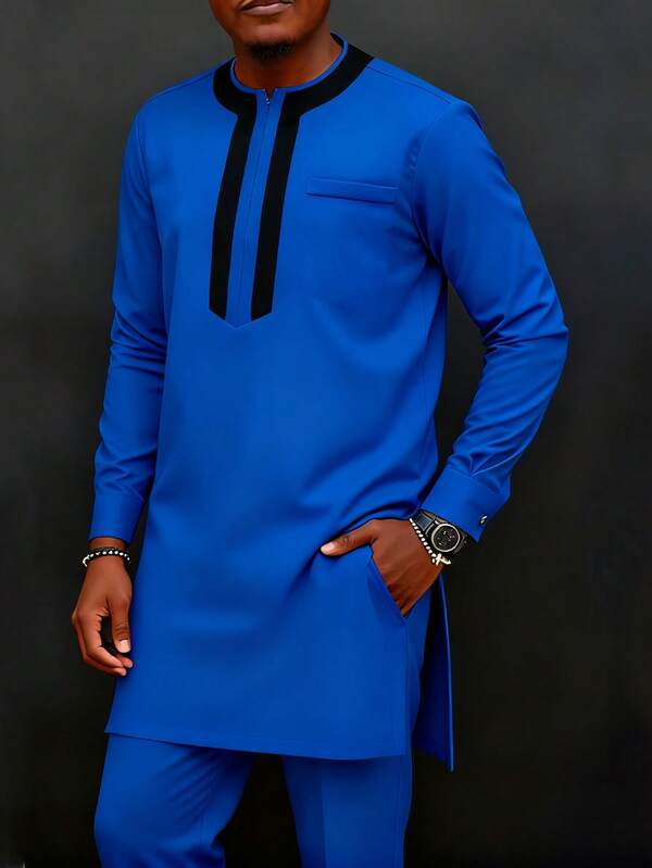 قميص وبنطال كاجوال قطعتان للرجال، لون أحادي، قطع ملونة، أكمام طويلة، ثوب طويل تركي كاجوال للرجال، ملابس تقليدية