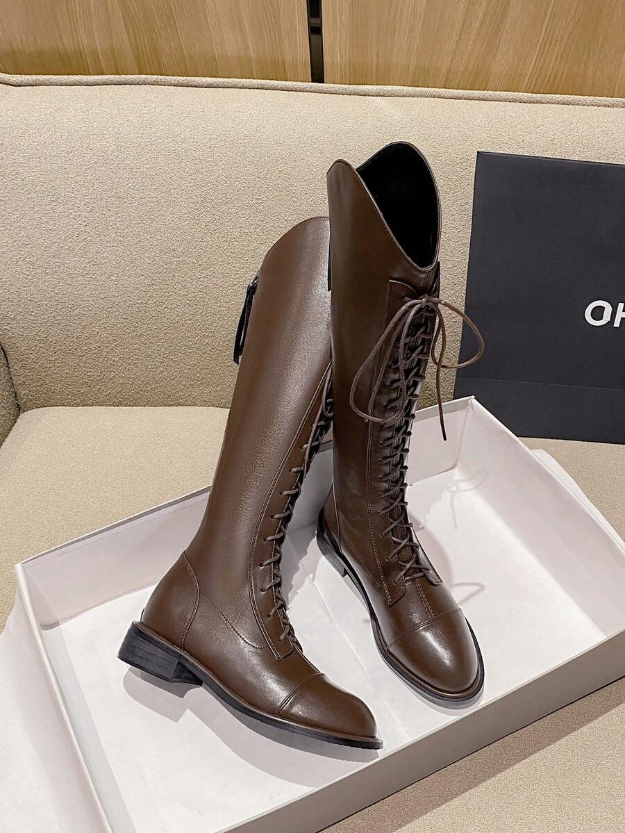 2026 Bottes hautes de haute qualité et à la mode pour l'automne, avec un talon épais. Bottes mi-mollet polyvalentes et élégantes à bout pointu et talon bas. Chaussures minimalistes et élégantes pour femmes - Tabac - Voir 1