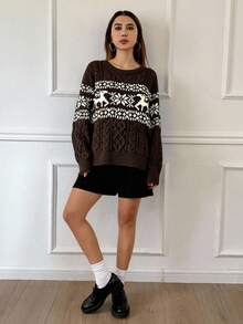 Livesso 1pc Women Cartoon Color Block Crew Neck Long Sleeve Sweater,Long Sleeve Tops,Fall Women Clothes Christmas - Coffee Brown - View 4