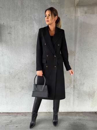 Women's Autumn And Winter New Long-Sleeve Lapel Solid-Color Double-Breasted Outerwear Coat