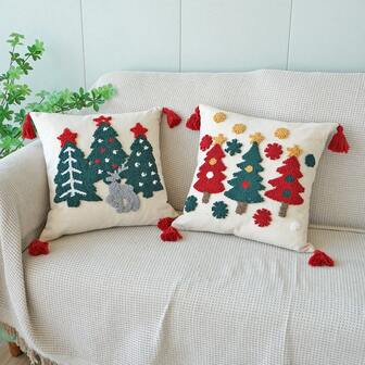1pc Christmas Tree Embroidery Plush Pillow Cover, Christmas Holiday Decorative Throw Pillow Case For Living Room Sofa, Bed Cushion Cover