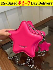 [US-Based Shipping]New Fashion Classic Cute Solid-Color PU Waterproof Fabric Alphabet Pattern Decorative Design Star-Shaped Special-Design Bag Metal Chain Crossbody Bag Perfect For Small Households To Carry While Shopping Ideal For Shopping Trips, Parties, And Gifting To Girlfriends, Besties, Or Mothers Holiday-Themed Metal Chain Fashionable Small Crossbody Bag - 玫紅色 - 查看 1