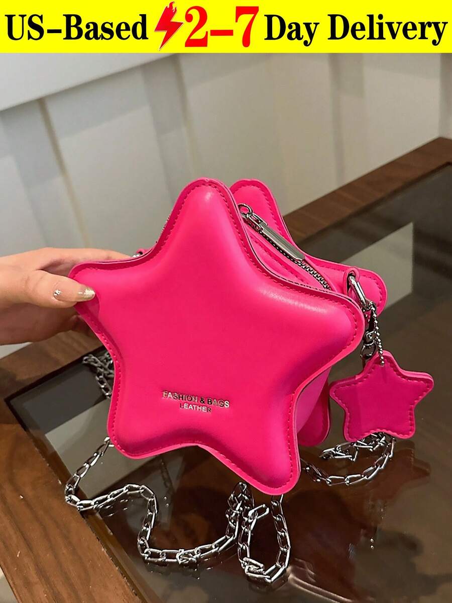 [US-Based Shipping]New Fashion Classic Cute Solid-Color PU Waterproof Fabric Alphabet Pattern Decorative Design Star-Shaped Special-Design Bag Metal Chain Crossbody Bag Perfect For Small Households To Carry While Shopping Ideal For Shopping Trips, Parties, And Gifting To Girlfriends, Besties, Or Mothers Holiday-Themed Metal Chain Fashionable Small Crossbody Bag - 玫紅色 - 查看 1
