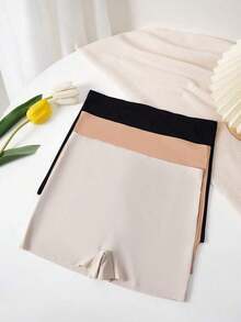 Conjunto De 3 Piezas De Pantalones Cortos De Seguri dad Sólidos Para Mujer, Calzoncillos Tipo Bóxer Transpirables, Elásticos, Cómodos, Sin Costuras (sin Líneas De Bragas Visibles) - Negro+Albaricoque+Gris - Ver 3