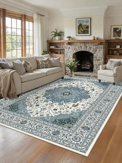 1 pieza Alfombra de área azul, de terciopelo bohemio lavable, 900g/M² para sala de estar, dormitorio, cocina, alfombra de exterior, oficina, entrada