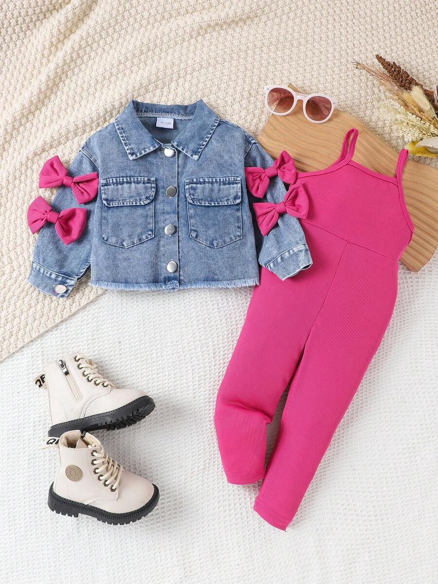 Conjunto de 2 piezas de chaqueta de manga larga de mezclilla con bolsillo con lazo y pantalón de peto para bebé niña, estilo callejero vintage, para primavera/otoño - Rosa Fucsia - Ver 1