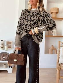 Women Casual Autumn And Winter Crew Neck Lace Splicing Leopard Print Jacquard Knitted Sweater Sleeve Button Design Knit Top Daily Commuter Versatile Pullover,Business Casual Woman,Going Out Outfits,Going Out Tops Women ,Business Casual Woman, Leopard Graphic Sweater Women,White Lace Sweater,Leopard Print - Multicolor - View 5